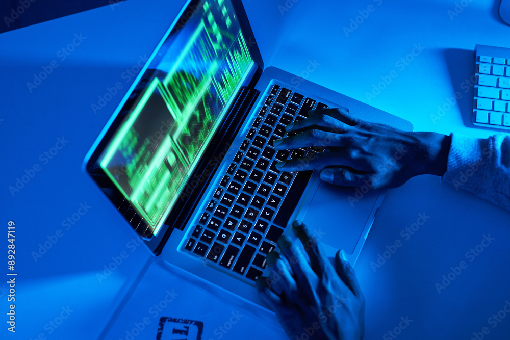 Poster hands, fraud or hacker on laptop for cybercrime scam, malware or phishing online data in dark. progr