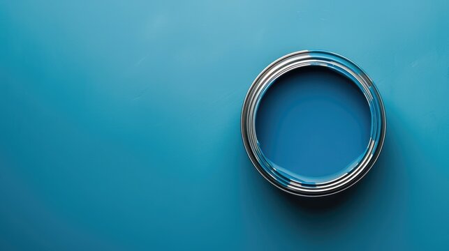 Fix image. Blue backdrop, blue paint can. Flat lay, top view, empty space.