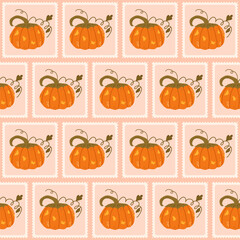 Halloween pumpkin checked seamless pattern. Bento box autumn harvest repeat background. Festive retro stamps endless design. Vector hand drawn illustration.