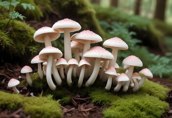 A cluster of white mushrooms with smooth, rounded caps and delicate pink gills. The mushrooms are arranged in a natural formation, showcasing their varying heights and shapes. The background is a soft