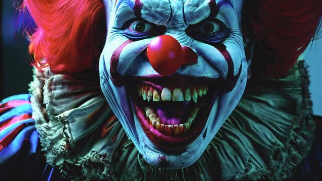 Portrait of a crazy scary evil laughing clown.