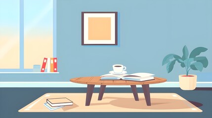 a flat-style vector illustration of furniture and decor for interior design, featuring a wooden coffee table with a book and a cup of coffee or tea.