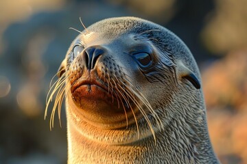 Closeup of a peaceful seal enjoying the warm glow of the setting sun