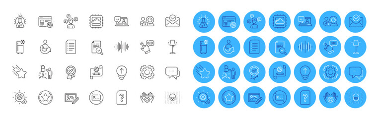 No card, Approved mail and Sound wave line icons pack. Chemistry lab, Cyber attack, Message web icon. Document, Bitcoin project, Approved award pictogram. Share, Favorite. Color icon buttons. Vector