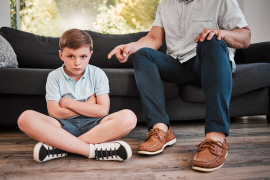 Portrait, angry and child with father discipline for scolding of disrespect behavior, conflict lecture and problem solving. Frustrated, man and boy with crisis mistake, tantrum and trouble at house