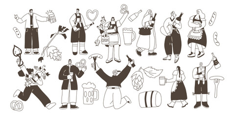 Fototapeta premium Oktoberfest characters set. Beer festival people kit. Vector collection illustration isolated on white background.