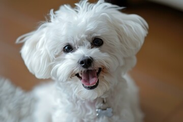 Closeup of a cheerful white bichon frise with a playful smile and fluffy fur