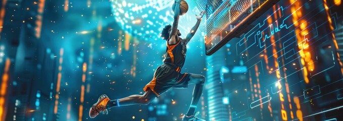 A basketball player performing a dunk against a backdrop of a futuristic cityscape