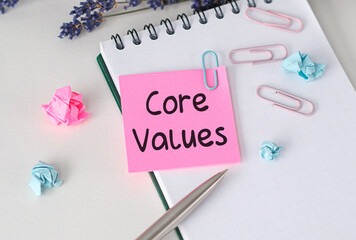 The Core Values text on colored sticky notes next to the light bulb icon, Copy space