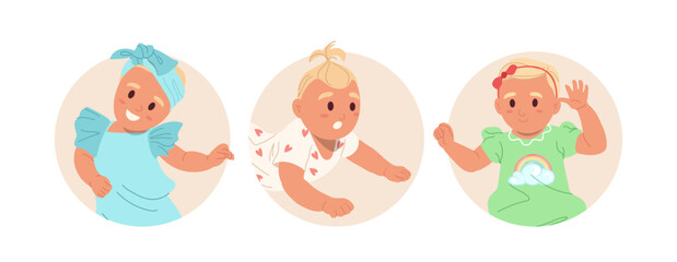 Isolated round composition set with happy healthy newborn babies cartoon active kids characters