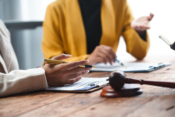A professional consultation scene featuring hands discussing documents and a gavel, symbolizing...