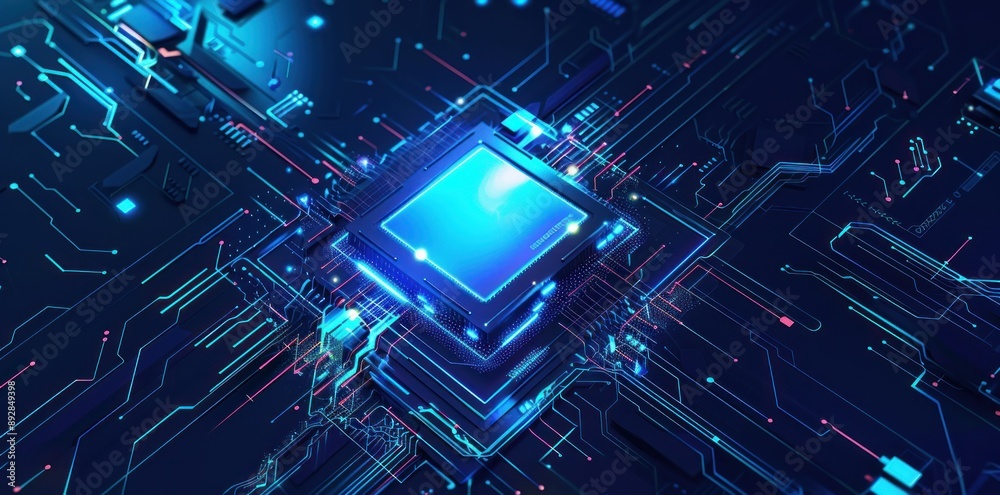 Aufkleber a closeup view of a futuristic circuit board with glowing blue lines and a bright blue processor