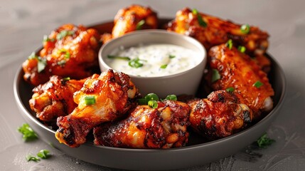 Fototapeta premium Close-up of crispy, golden brown chicken wings with a side of creamy white dipping sauce.