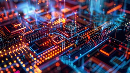 Obraz premium A closeup of a circuit board with red and blue lights