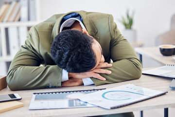 Sleep, tired and man at desk with paperwork, burnout and exhausted consultant in office at financial agency. Mental health, fatigue and overworked businessman with files, crash and time management