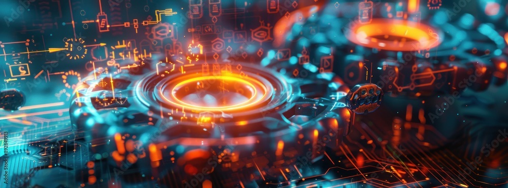 Poster Futuristic circuit board with glowing orange gears and binary codes