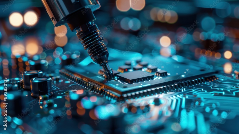 Aufkleber A close up of a robotic arm installing a processor chip onto a circuit board