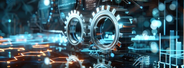 Futuristic Glowing Gears Over Digital Interface With Blue And Orange Lights