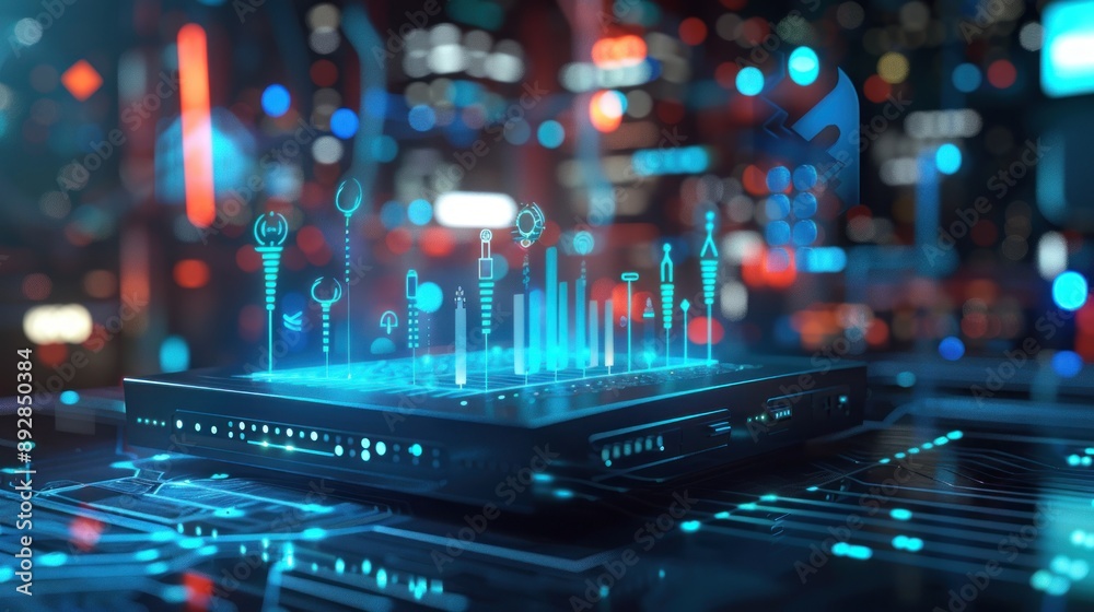 Poster A futuristic server displaying holographic data visualizations in a neon blue hue