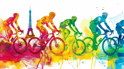 Iconic Parisian setting  athletes competing with Eiffel Tower backdrop in evocative atmosphere, wide banner