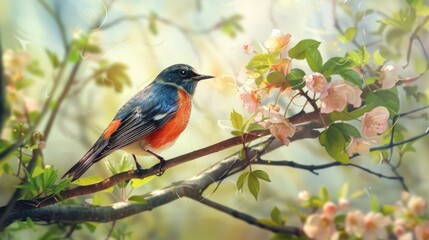 Obraz premium Songbird perching on tree branch in spring