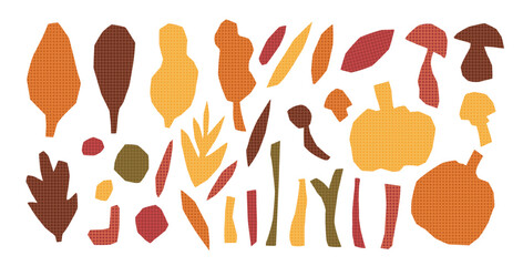Cut out paper autumn leaves, pumpkins, mushrooms, and twigs with abstract grainy shapes collage. Vector hand drawn textured illustration isolated on white background.