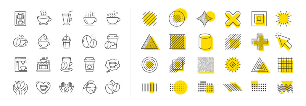 Beans, hot cocktail and coffee maker machine. Design shape elements. Coffee line icons. Espresso cup, cappuccino with whipped cream line icons. Vector