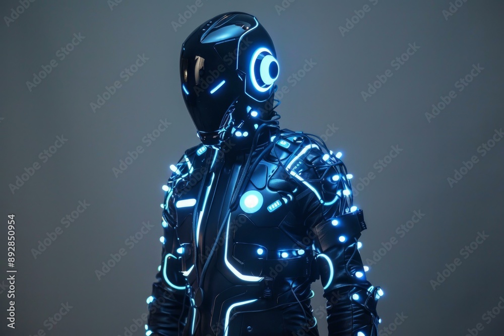 Poster humanoid robot with glowing blue neon lights against a dark background