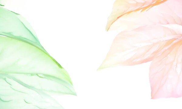 Watercolor painting featuring green and pink leaves on a white background
