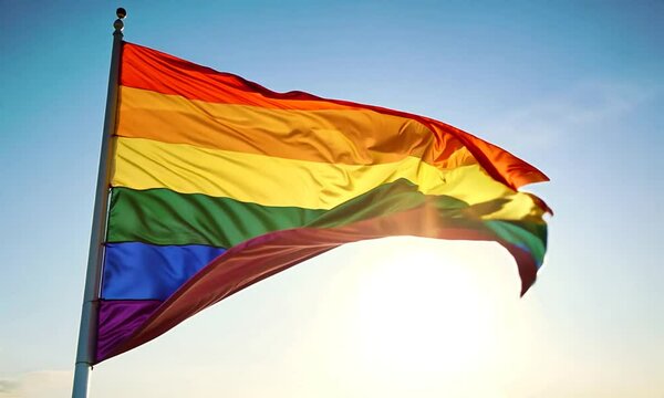 Lgbtq gay Rainbow flag waving in the sky
