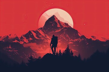 Silhouette of a hiker with a backpack in front of a majestic mountain and a large sun in a red-toned sky.