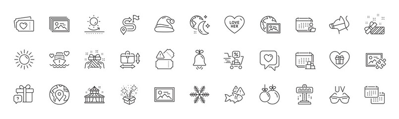 Web photo, Sunglasses and Bell line icons. Pack of Secret gift, Romantic gift, Present icon. Tickets, Sleep, Dog leash pictogram. Discounts cart, Image gallery, Honeymoon cruise. Line icons. Vector