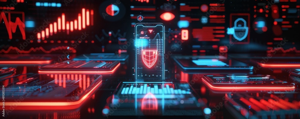 Poster futuristic smartphone security system with biometric data protection