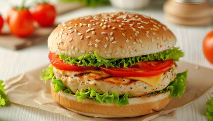 Sandwich with chicken burger, tomatoes, cheese and lettuce