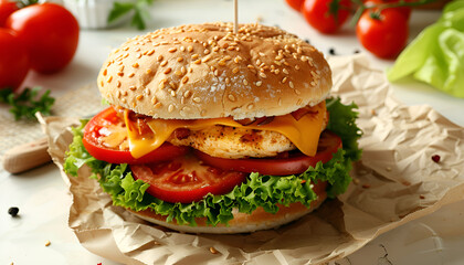 Sandwich with chicken burger, tomatoes, cheese and lettuce