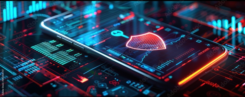 Poster A smartphone with a glowing shield icon on its screen surrounded by digital data and graphs