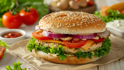 Sandwich with chicken burger, tomatoes, cheese and lettuce