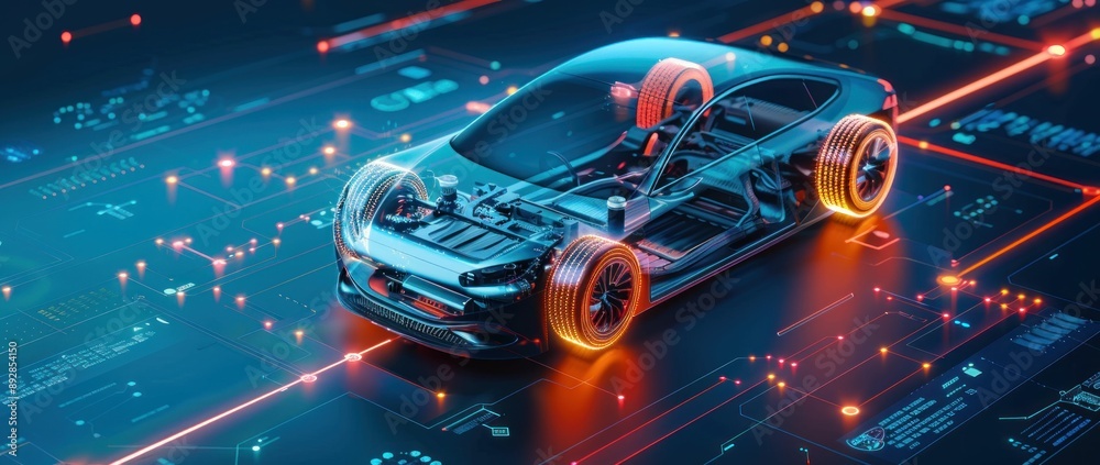 Poster futuristic automobile with transparent bodywork over glowing orange wheels on a circuit board backgr