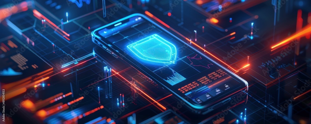 Poster a glowing blue shield icon displayed on a smartphone screen within a futuristic digital landscape