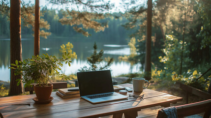 remote work, work in nature, workspace against the backdrop of a forest and a lake or river