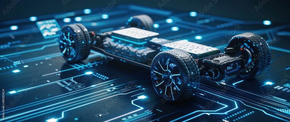 Poster autonomous vehicle chassis on circuit board with glowing blue highlights