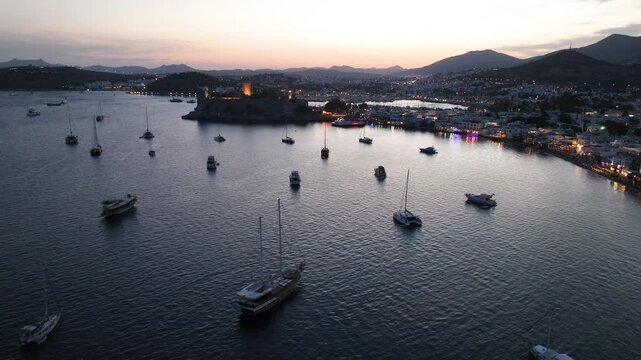 Bodrum Castle and City Streets in the Summer Season Drone Video, Bodrum Mugla, Turkiye (Turkey)

