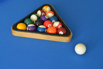 Billiards in triangle rack and white cue ball