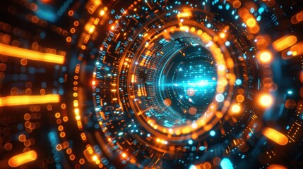 Abstract representation of a futuristic tunnel with bright orange and blue lights