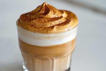 Closeup of homemade creamy dalgona coffee in a clear glass. A trendy and viral korean beverage with frothy whipped texture. Layered with milk and garnished with barista art