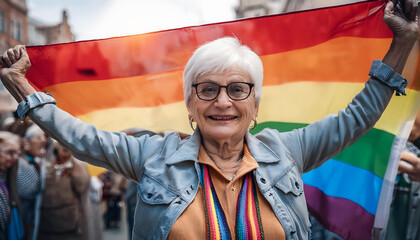 Old woman, grandmother, with a rainbow flag supports the LGBTQ movement.