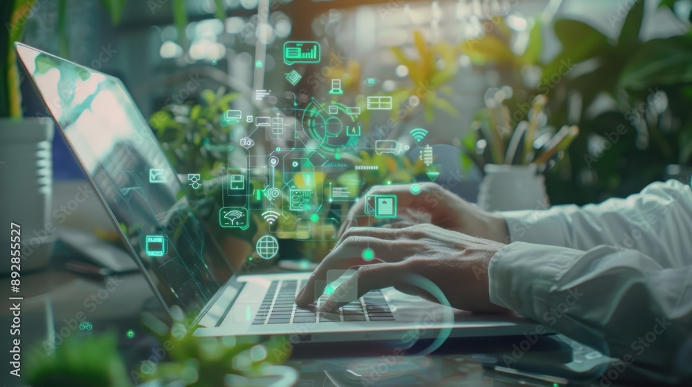 Poster a person typing on a laptop with a futuristic green interface overlay