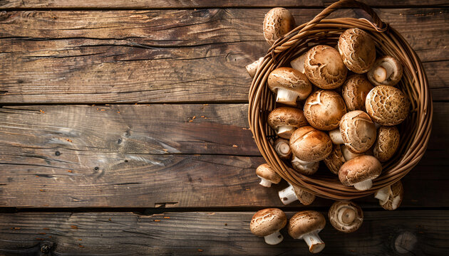 Mushrooms in basket, rustic wood background