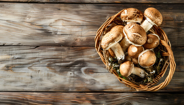 Mushrooms in basket, rustic wood background