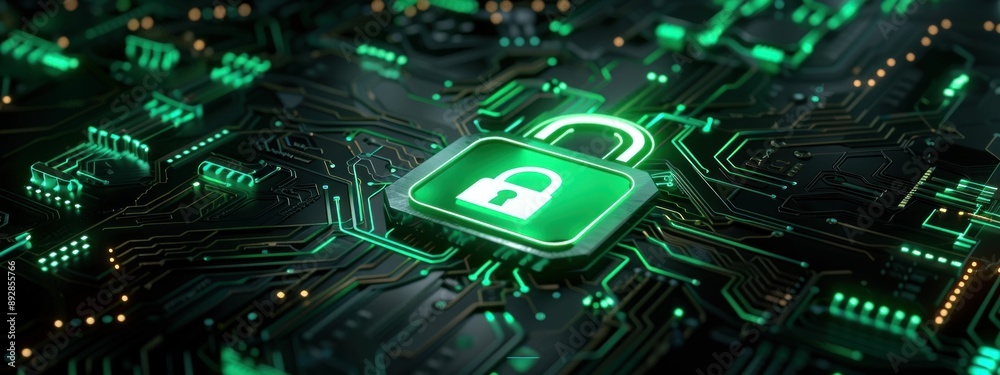 Poster a closeup of a green padlock on a circuit board